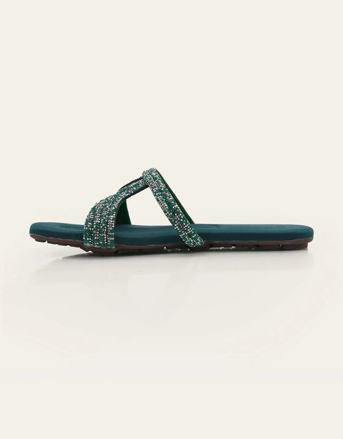 Verlina Green Beaded Flats with Crossover Straps – Essence by Rubina